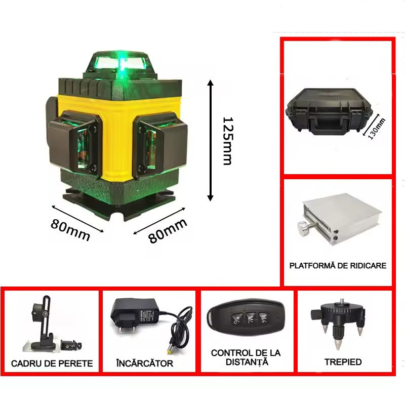 Nivela Laser 4D cu 16 Linii, AT PERFORMANCE®, 2X Acumulator, 360°,Platforma de Ridicare, cu Autonivelare, Telecomanda, Lumina Verde, Negru/Galben.